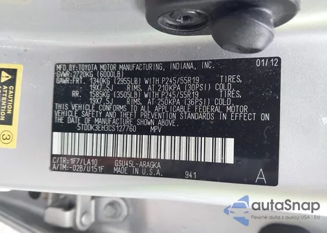 2012 Toyota Highlander Limited V6 z USA, uszkodzony, nr VIN 5TDDK3EH3CS127760